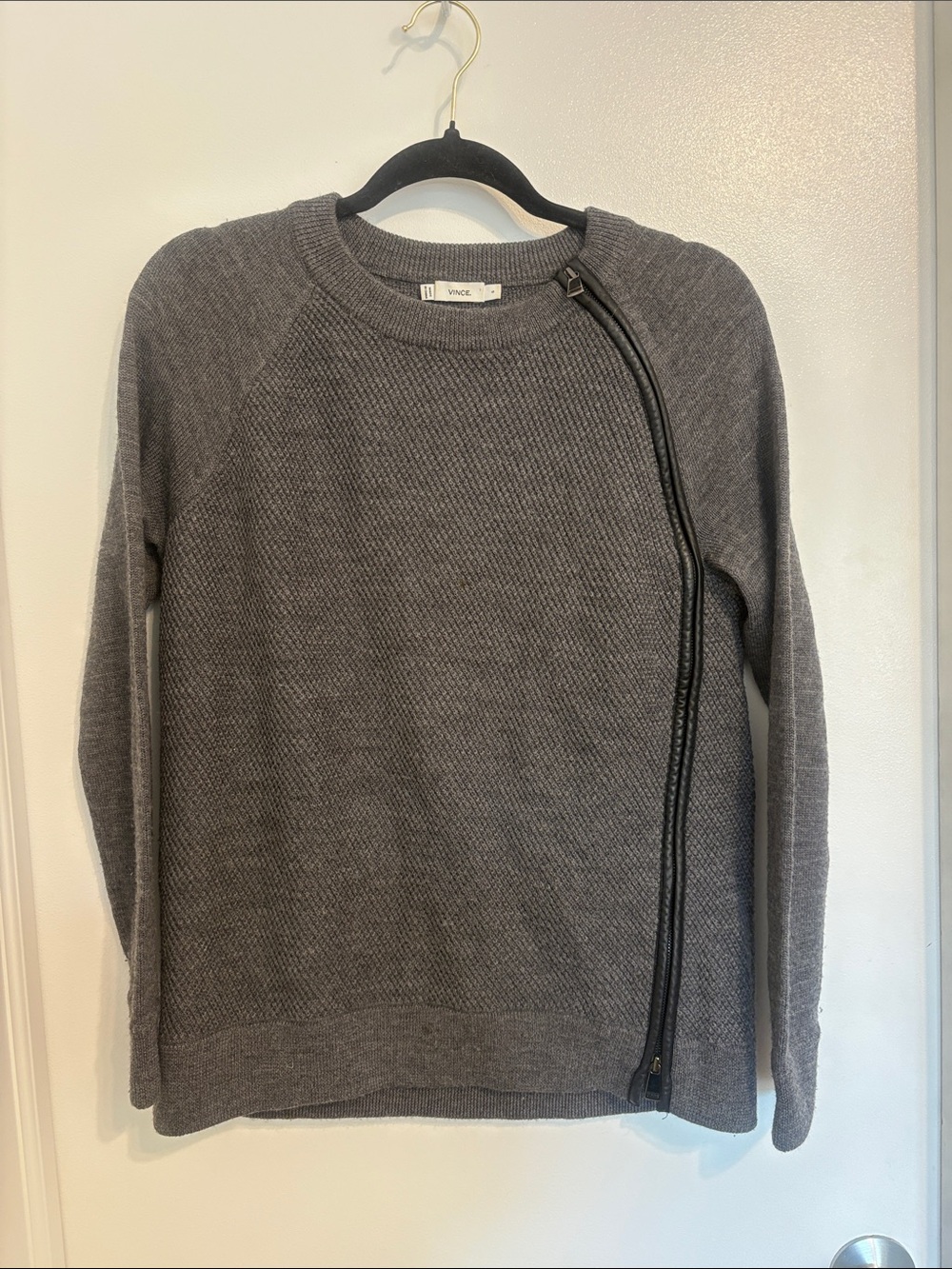 Vince Charcoal Gray Knit Sweater with  Black Zip wool with lamb leather trim